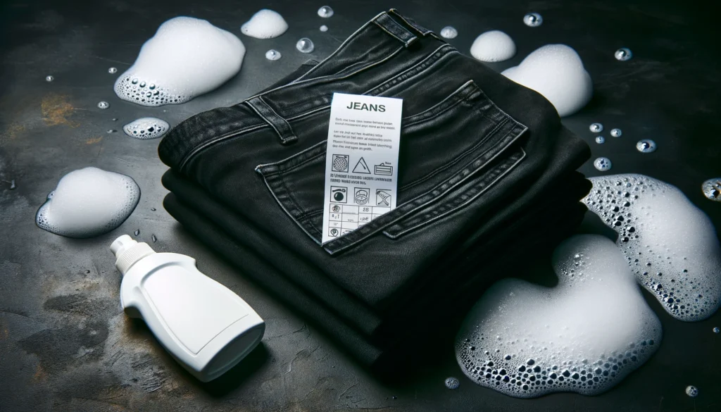 Stack of black jeans with one unfolded showing care label, mild detergent, and washing bubbles
