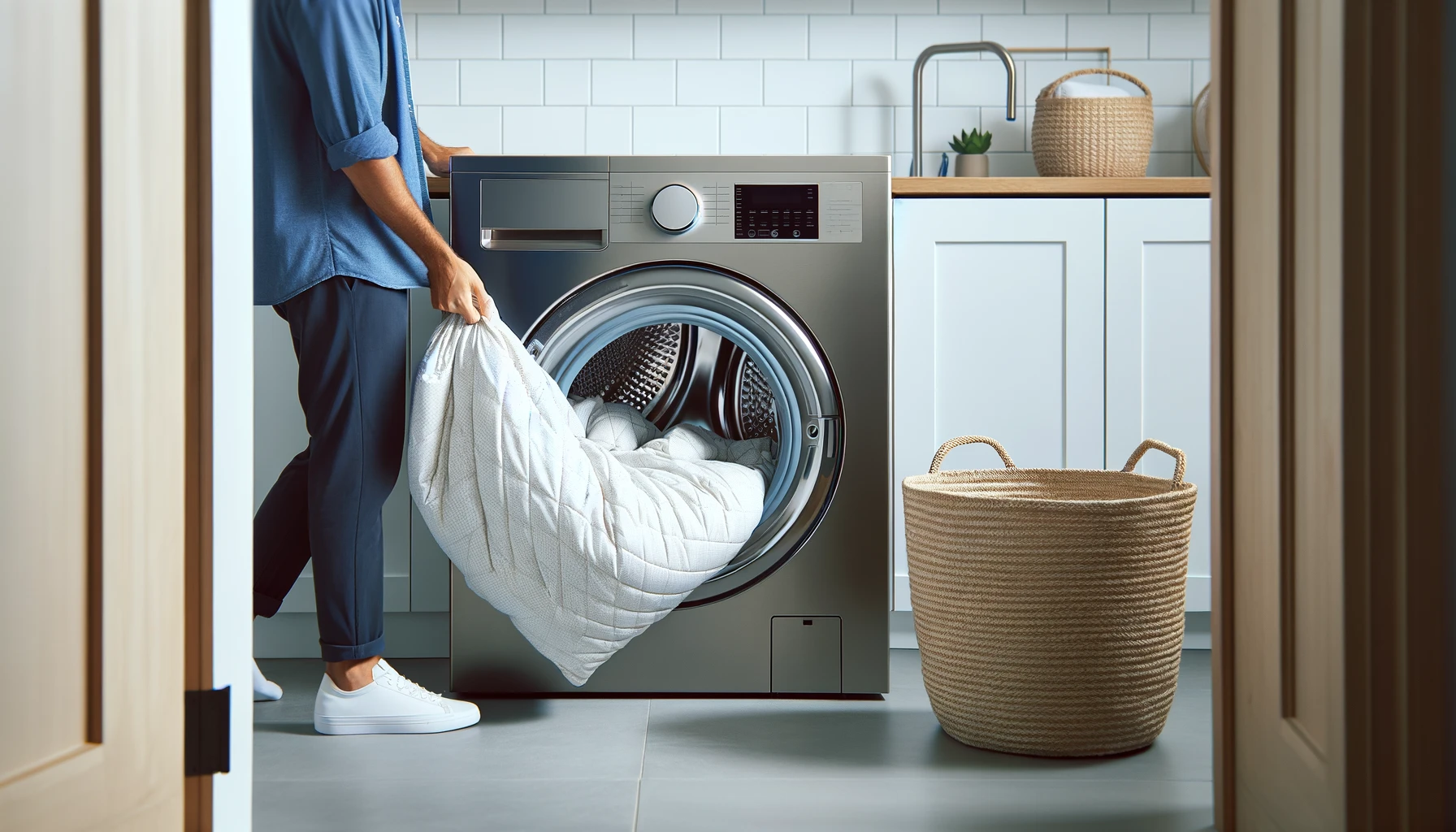 a person loading a king-size white comforter into a front-load washing machine