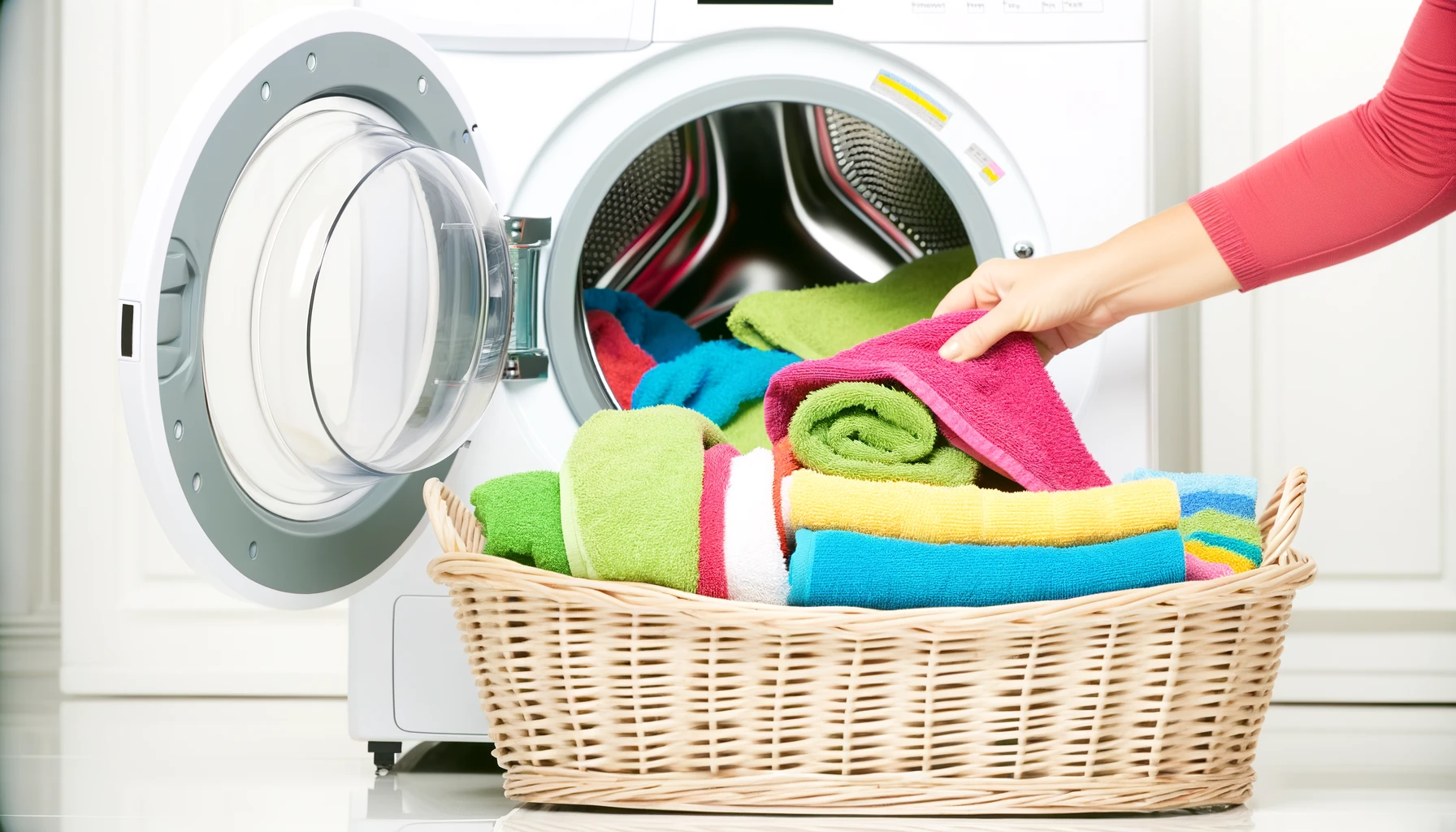 a colorful towel into a front-loading washing machine beside a wicker basket full of mixed laundry.