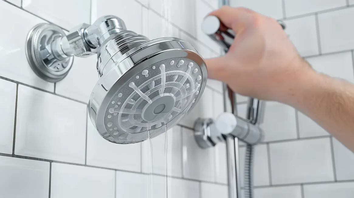 A filtered shower head mounted on a tiled bathroom wall