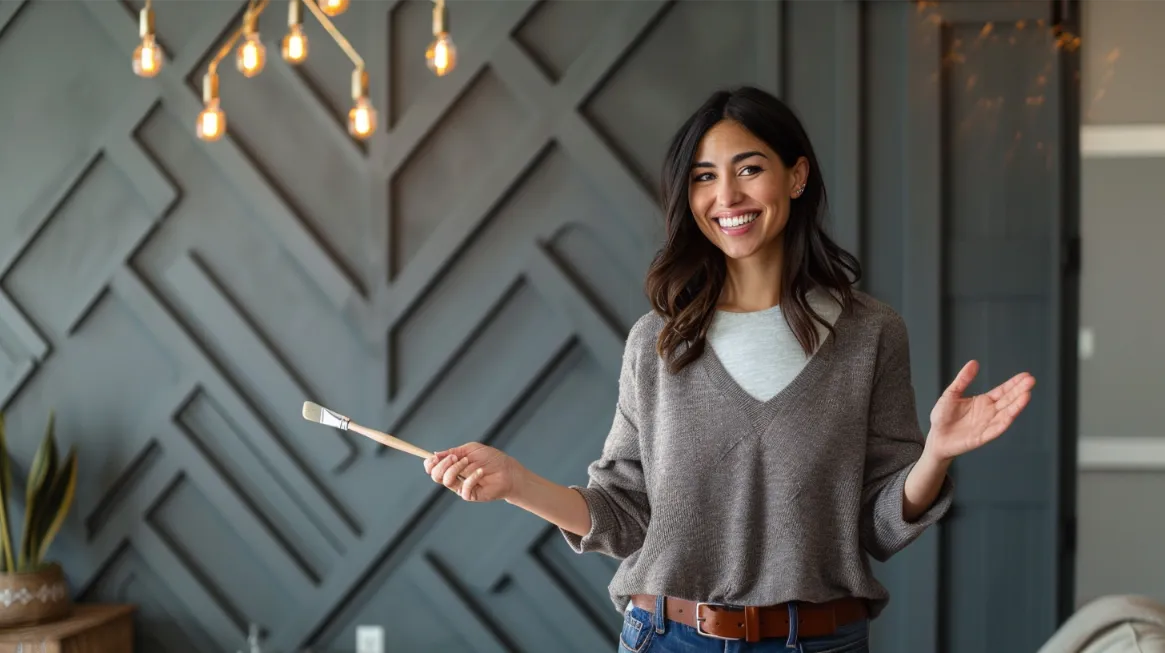 A smiling woman holding a paintbrush in a room with a chevron-patterned accent wall