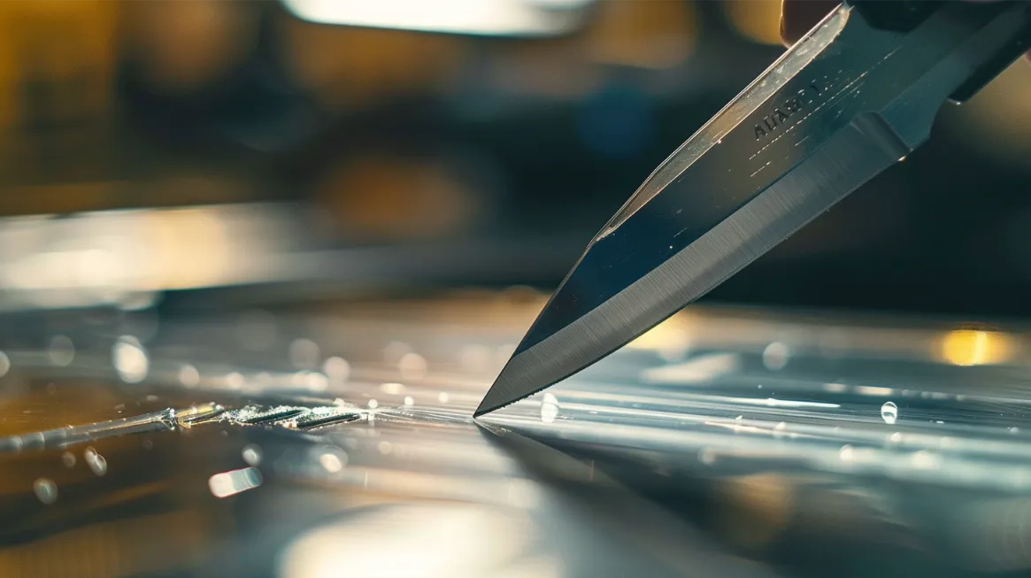 a knife blade cutting through a sheet of plastic, with visible shavings and a gleam on the edge