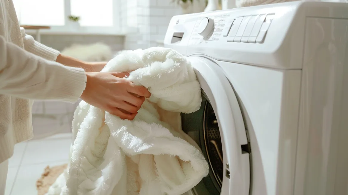 A person is placing a fluffy ugg blanket into a modern washing machine