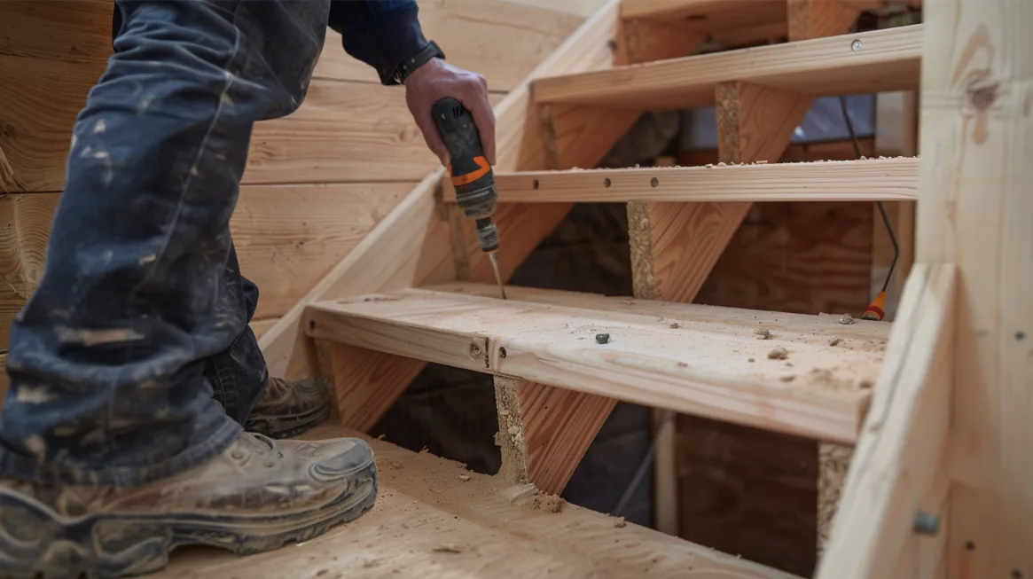 A person is installing attic stairs using a cordless drill on wooden frames