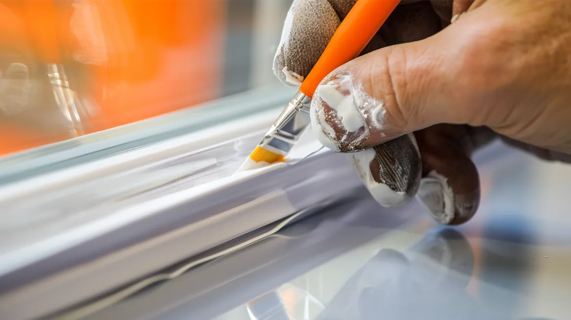 A hand applying clear silicone caulk to the edge of a mirror frame with a small paintbrush nearby