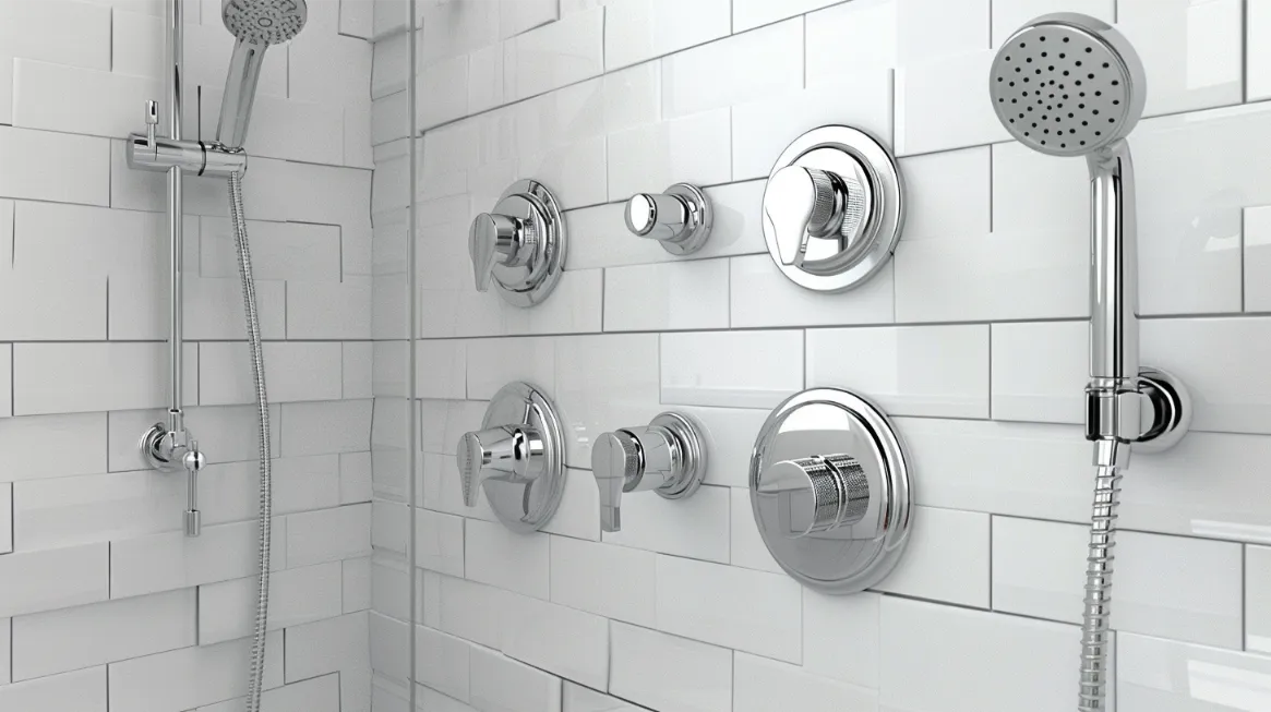 multiple control valves and a handheld showerhead against a white tiled wall