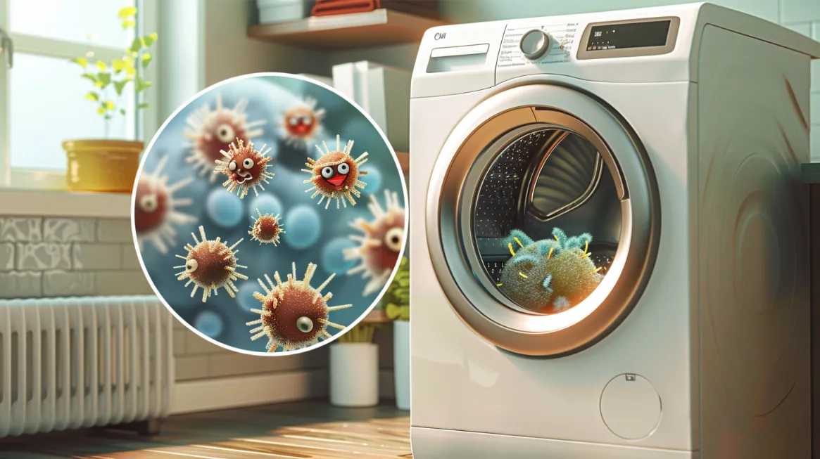 Illustration of anthropomorphic virus characters inside a washing machine, implying mildew presence