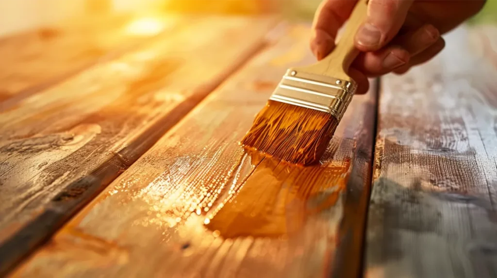 a hand applying a rich, amber-toned stain to a wooden surface with a brush