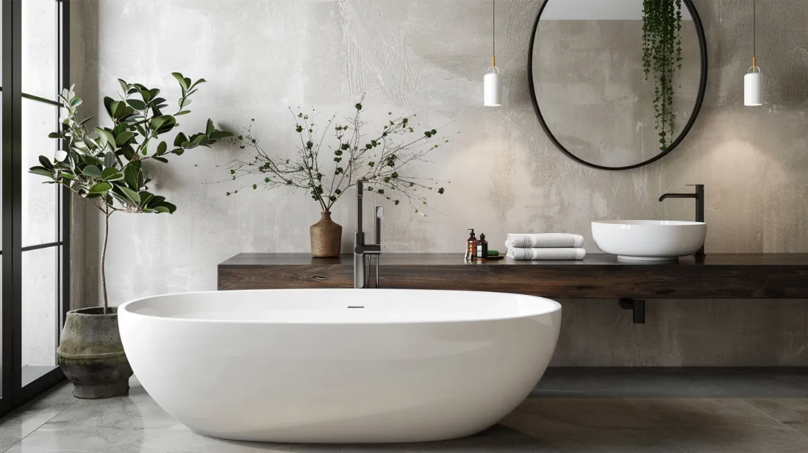 Minimalist luxury bathroom with a white oval bathtub, sleek floor-mounted faucet, and wooden vanity top with vessel sink.