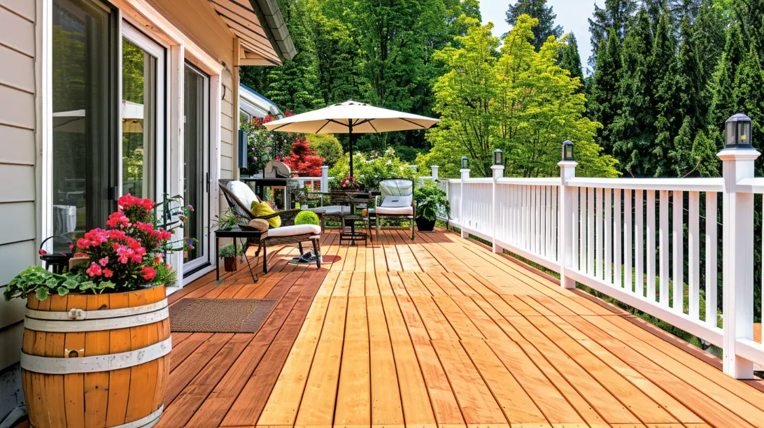 Alt Text: "Wooden deck with fresh paint, outdoor furniture, and greenery in the background