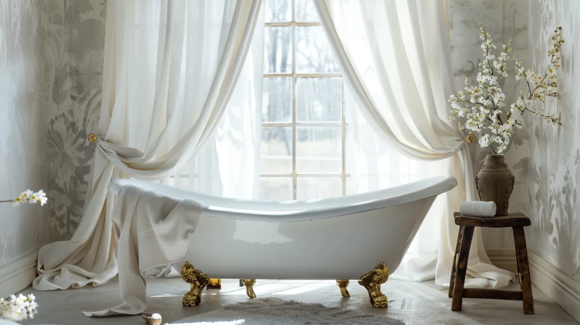 Elegant freestanding bathtub with golden claw feet in a serene bathroom with draped white curtains and floral accents.