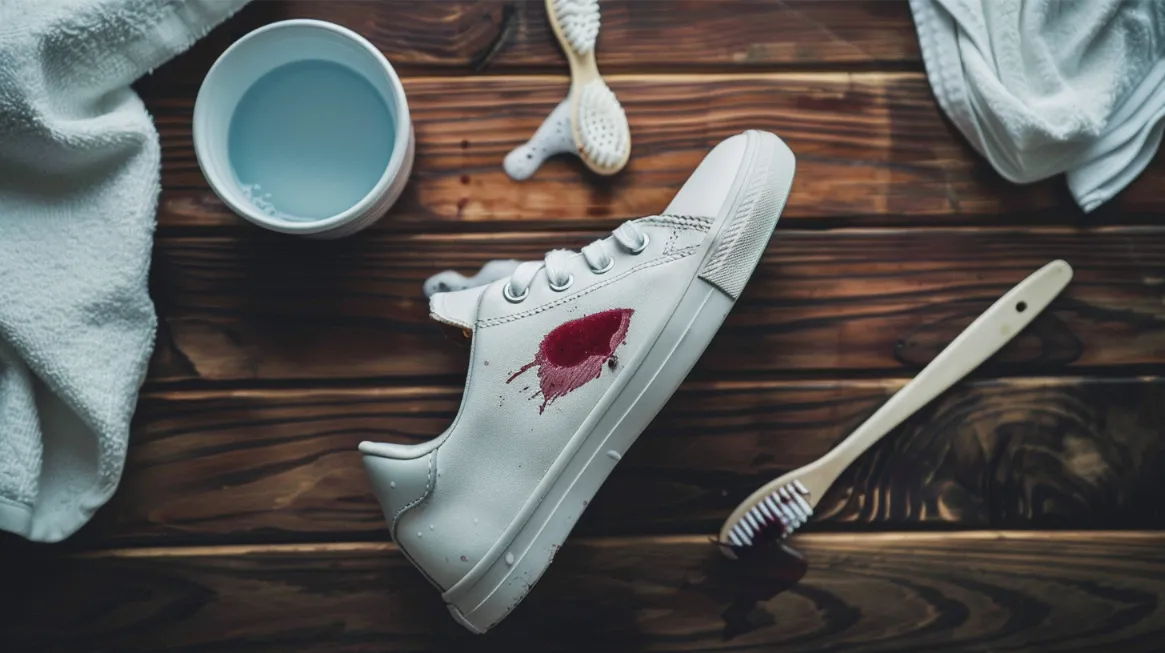 A single white sneaker with a bloodstain on the side, surrounded by cleaning supplies