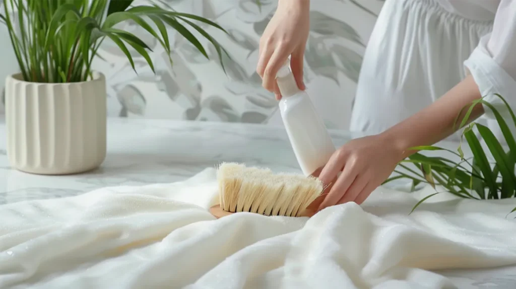 a brush over a white fluffy ugg blanket in preparation for cleaning