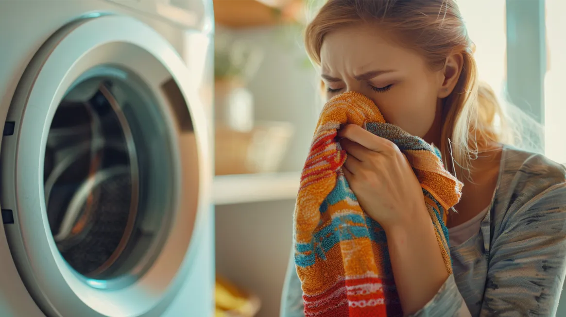 a young woman discovers a strong mildew smell on her freshly washed towel